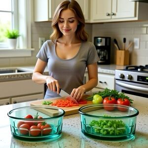 Arcoroc France Tempered Teal Thumbprint Glass Salad/Cereal Bowls, Set of 2